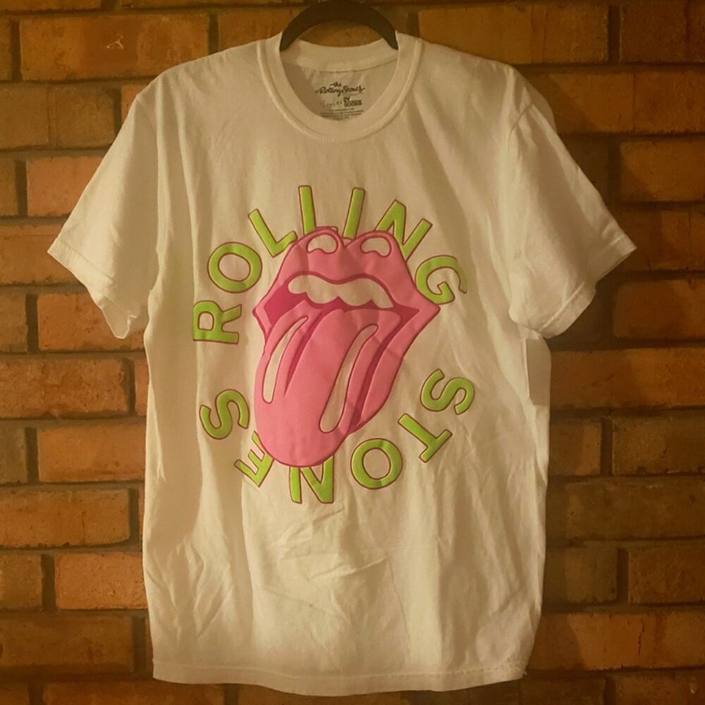 Rolling Stones Band Tee Bright Neon Pink & Green Top Puff Graphic 80s-Style
